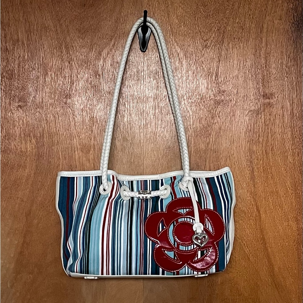 Brighton teals/white/deep red striped fabric satchel shoulder bag handbag EUC